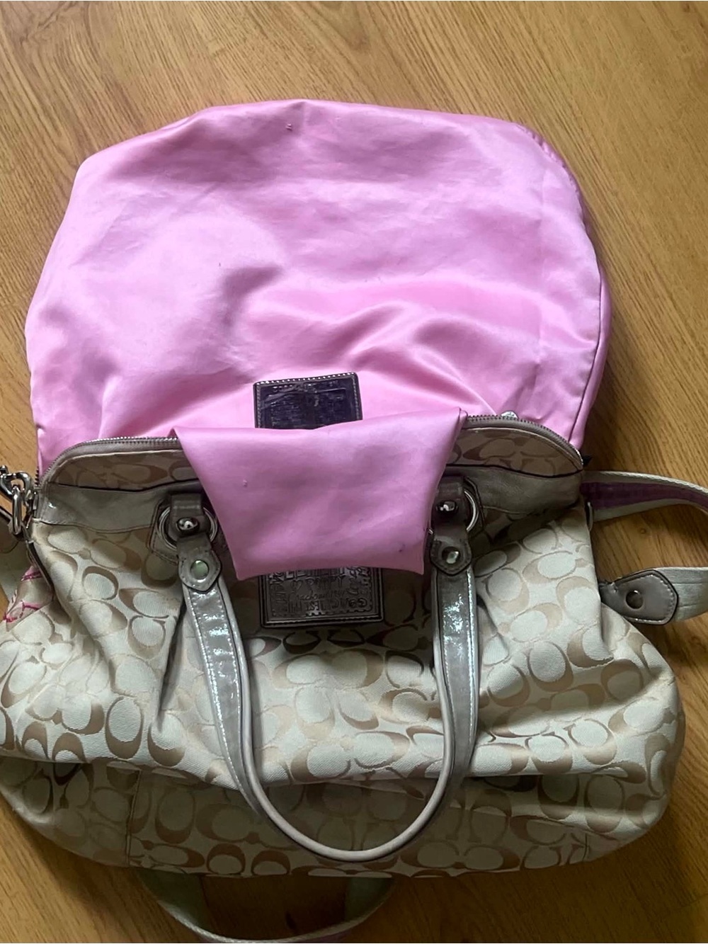 Coach Beige Signature Canvas Hobo with Pink and Purple Floral Accents - Picture 11 of 14